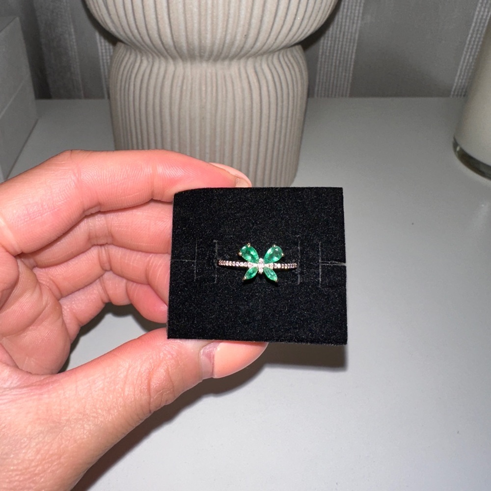 18k Yellow Gold Natural Emerald and Diamond Butterfly Ring